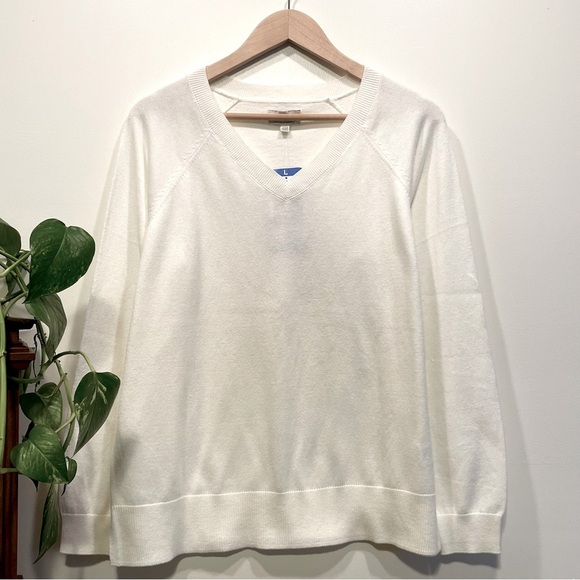NWT Lucky Brand Soft White V-Neck Raglan Sleeve Split Hem Cotton Sweater… - Picture 1 of 11